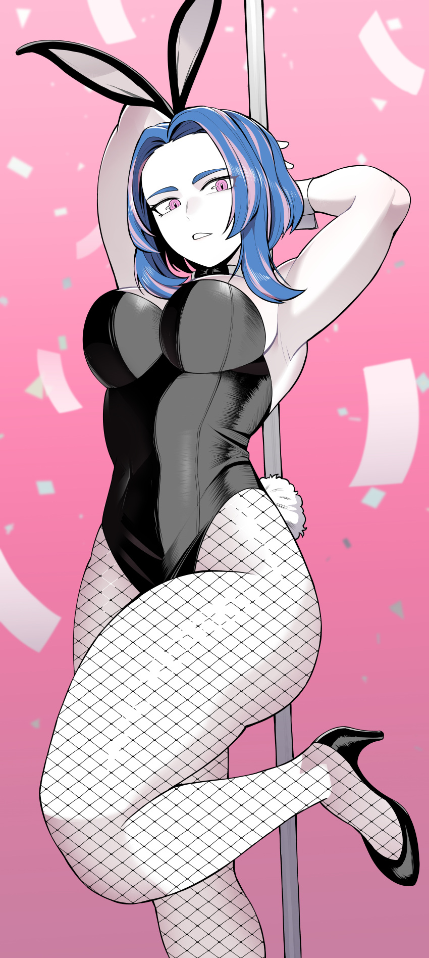 1girl absurdres animal_ears armpits arms_up black_leotard boku_no_hero_academia fishnet_pantyhose fishnets high_heels highleg highleg_leotard highres koyap lady_nagant leotard looking_at_viewer multicolored_hair pantyhose pink_background pink_eyes playboy_bunny rabbit_ears rabbit_tail short_hair solo strapless strapless_leotard stripper_pole tail wrist_cuffs