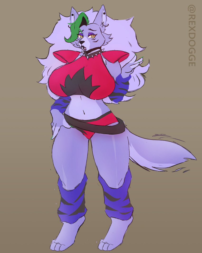 anthro big_breasts breasts canid canine canis clothing doggerexoxo female five_nights_at_freddy's five_nights_at_freddy's:_security_breach fur grey_backgound hair hi_res mammal purple_body purple_fur purple_hair roxanne_wolf_(fnaf) scottgames small_waist solo solo_focus steel_wool_studios tight_clothing wolf yellow_eyes
