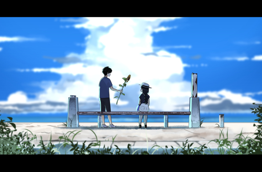 1boy 1girl absurdres arms_at_sides bag bench black_hair black_shirt black_shorts blue_shirt blue_sky blurry blurry_background braid braided_ponytail cloud cloudy_sky cumulonimbus_cloud day facing_another flower from_behind giving hanashiro_anzu handbag hat highres holding holding_flower horizon legs_apart letterboxed long_hair matarou0625 natsu_e_no_tunnel_sayonara_no_deguchi nature ocean outdoors outstretched_arm plant scenery shirt shoes short_hair short_sleeves shorts sitting sitting_on_bench skirt sky sun_hat sunflower t-shirt time_paradox touno_kaoru train_station_platform weeds white_headwear white_skirt wide_shot