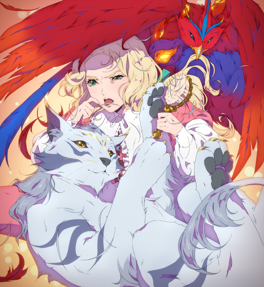 1girl absurdres bird blonde_hair castlevania:_nocturne castlevania_(series) cat dress familiar feathers green_eyes highres holding holding_brush long_hair long_sleeves looking_at_viewer maria_renard open_mouth pink_dress red_bird red_feathers suzanne_(tendermiasma) white_cat white_sleeves