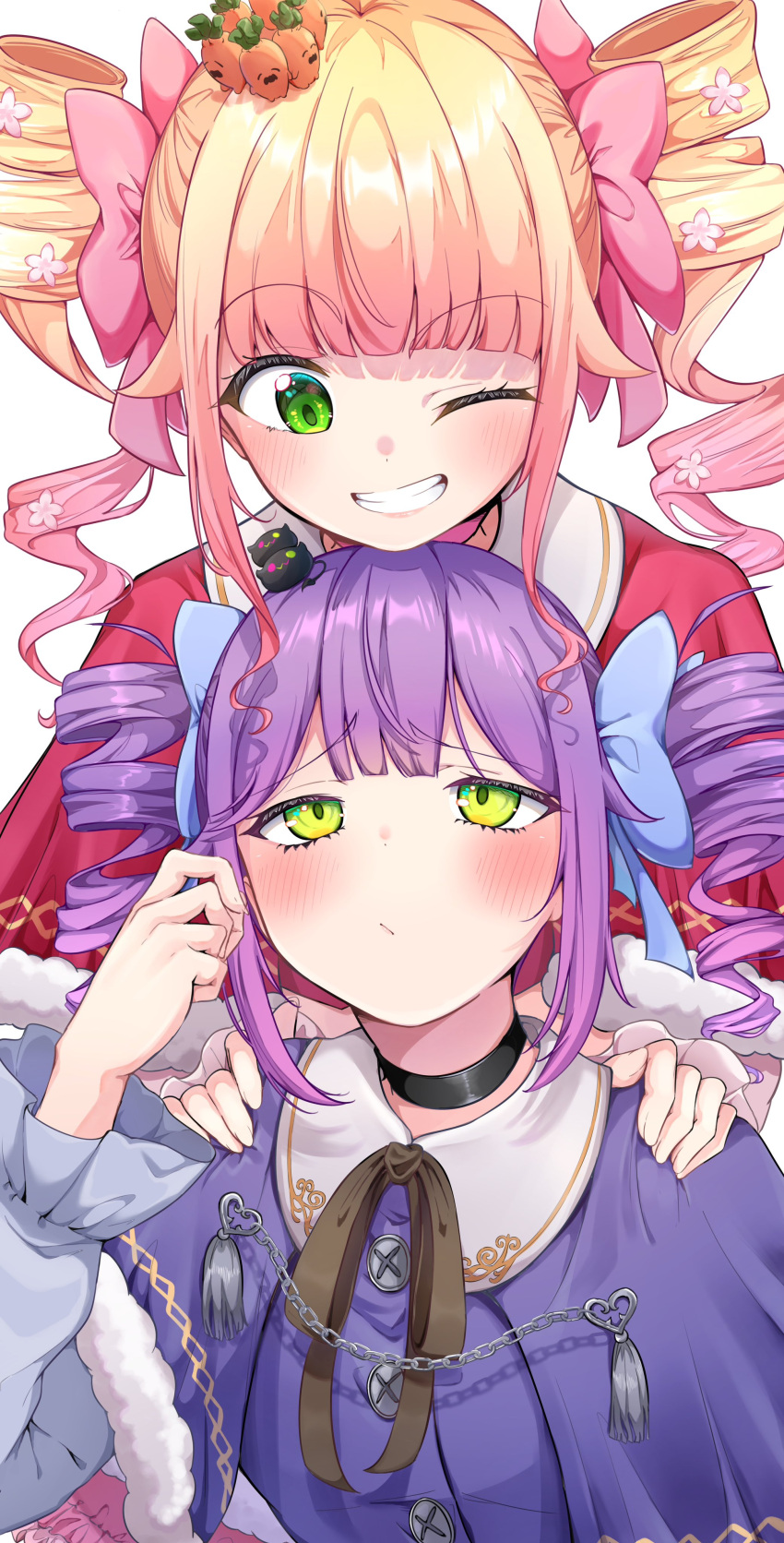 2girls absurdres adjusting_hair bibi_(tokoyami_towa) black_choker blonde_hair blue_bow blue_shirt blunt_bangs blush bow capelet choker drill_hair frilled_sleeves frills furrowed_brow gradient_hair green_eyes hair_bow hands_on_another's_shoulders highres hololive long_hair long_sleeves looking_at_another momosuzu_nene multicolored_hair multiple_girls nekko_(momosuzu_nene) okome_0628 one_eye_closed pink_bow purple_capelet purple_hair red_capelet shirt sidelocks smile tokoyami_towa twin_drills upper_body virtual_youtuber white_background