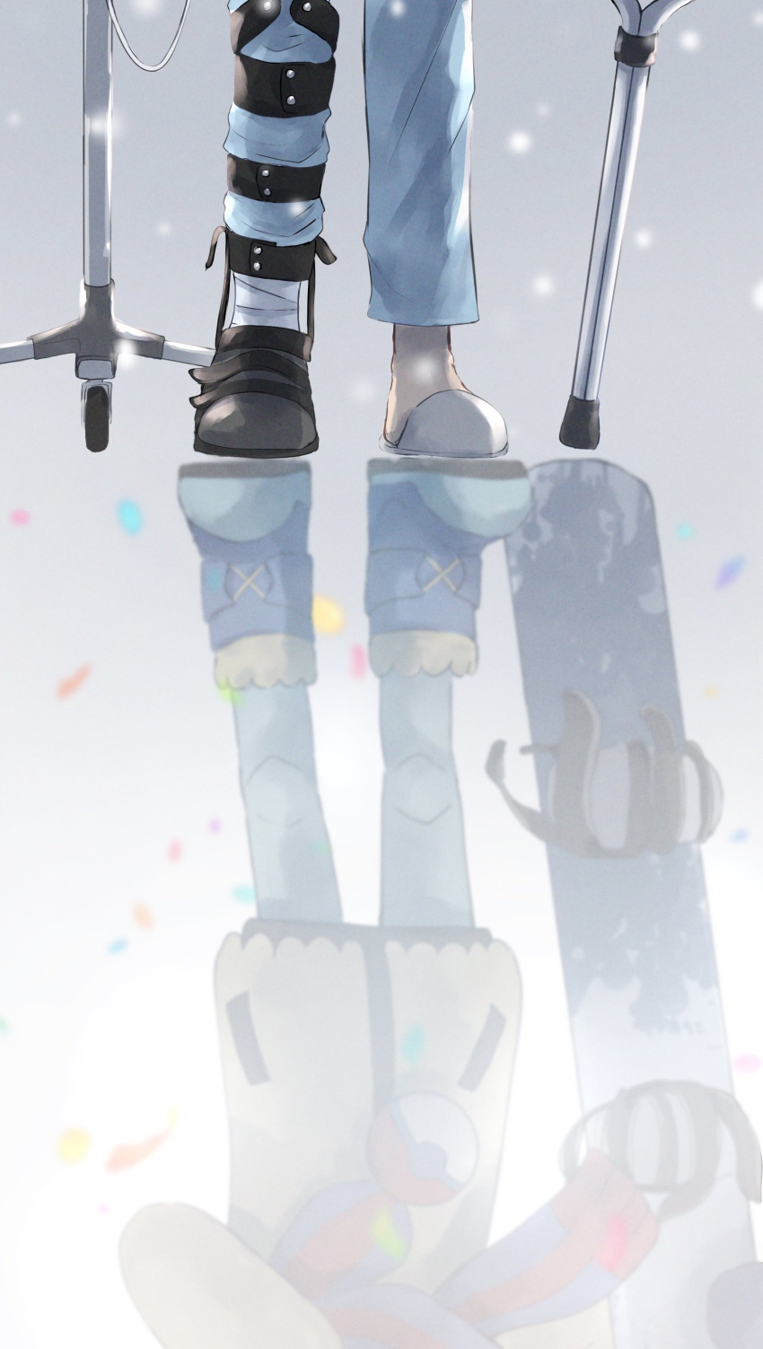 1boy absurdres broken_leg commentary_request confetti crutch different_reflection grey_background grey_footwear grey_pants grusha_(pokemon) highres male_focus pants pokemon pokemon_sv reflection shiruko_(s1ruko) slippers snowing socks standing