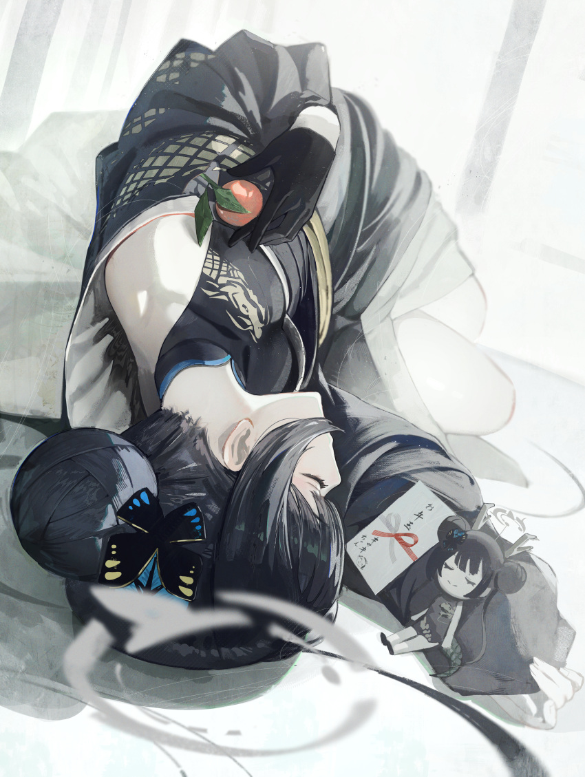 1girl absurdres black_dress black_gloves black_hair blue_archive butterfly_hair_ornament closed_eyes coat double_bun dragon_print dress food fruit gloves grey_coat grey_halo hair_bun hair_ornament halo hidulume highres kisaki_(blue_archive) long_hair long_sleeves lying on_side peach solo twintails