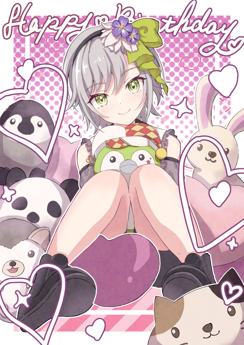 1girl :3 absurdres bare_legs black_footwear black_hairband black_shorts bow detached_sleeves flower frilled_shirt frills green_bow green_eyes grey_hair hair_between_eyes hairband happy_birthday hat heart heart_pillow highres hinomori_shiho holding holding_stuffed_toy jester_cap kakari_(user_gtds4527) knees_together_feet_apart looking_at_viewer pillow pink_polka_dots polka_dot polka_dot_background project_sekai purple_flower purple_shirt shirt short_hair shorts sidelocks sitting smile solo star-shaped_pupils star_(symbol) stuffed_animal stuffed_cat stuffed_panda stuffed_penguin stuffed_rabbit stuffed_toy swept_bangs symbol-shaped_pupils white_petals