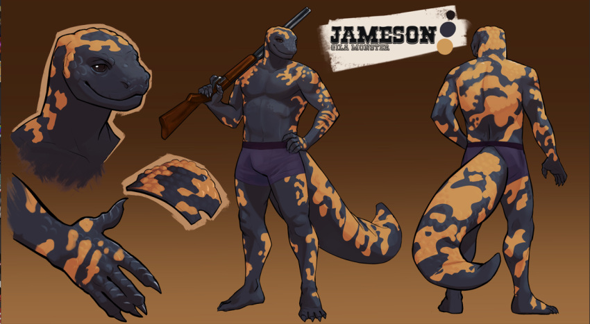 anthro black_body black_scales boxers_only bulge clothed clothing falopaxy gila_monster gun helodermatid jameson_the_gila lizard male ranged_weapon reptile rifle scales scalie solo standing thick_tail underwear underwear_only weapon weapon_over_shoulder yellow_body yellow_scales