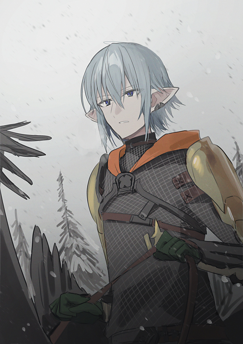 1boy armor blue_eyes chainmail chihuri ear_piercing final_fantasy final_fantasy_xiv gloves green_gloves grey_hair hair_between_eyes haurchefant_greystone highres holding male_focus outdoors overcast pauldrons piercing pointy_ears reins shoulder_armor sky snowing solo tree upper_body