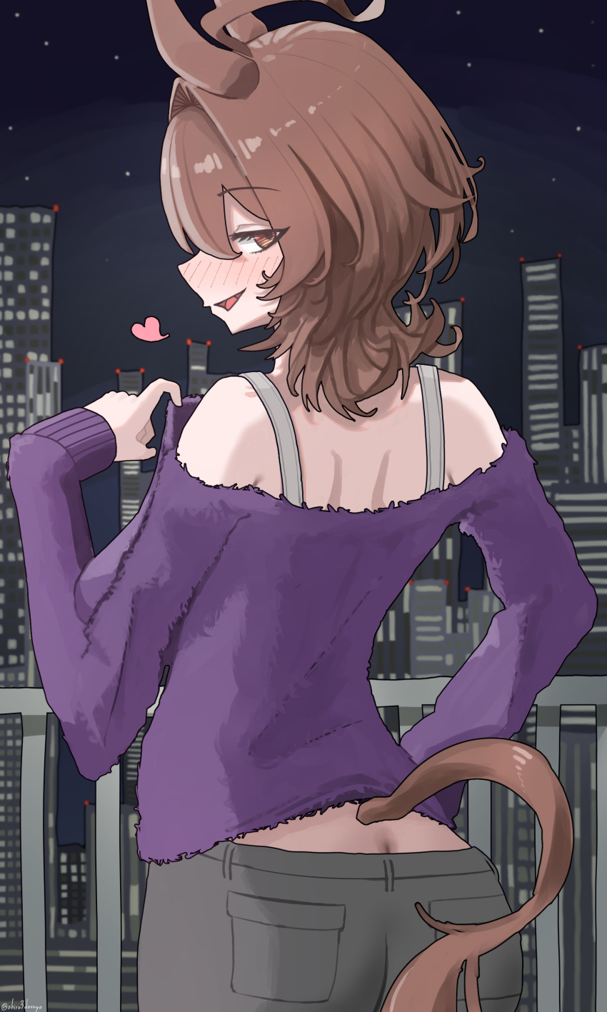 1girl absurdres against_railing agnes_tachyon_(umamusume) ahiru3desuyo ahoge animal_ears ass bare_shoulders blush brown_hair cityscape commentary_request cowboy_shot from_behind grey_pants heart highres horse_ears horse_girl horse_tail long_sleeves looking_at_viewer looking_back messy_hair night night_sky official_alternate_costume outdoors pants purple_sweater railing red_eyes short_hair sky smile solo sweater tail umamusume