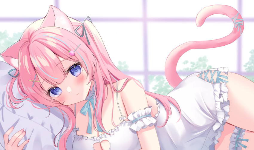 1girl animal_ears blue_eyes blue_hair blue_ribbon blush breasts cat_ears cat_girl cat_tail choker cleavage cleavage_cutout clothing_cutout commission double-parted_bangs frilled_chemise frilled_choker frills hair_ornament hair_ribbon hamico indie_virtual_youtuber itigori_ena long_hair looking_at_viewer lying multicolored_hair on_side pillow pink_hair ribbon skeb_commission solo tail tail_ornament tail_raised tail_ribbon white_chemise window x_hair_ornament