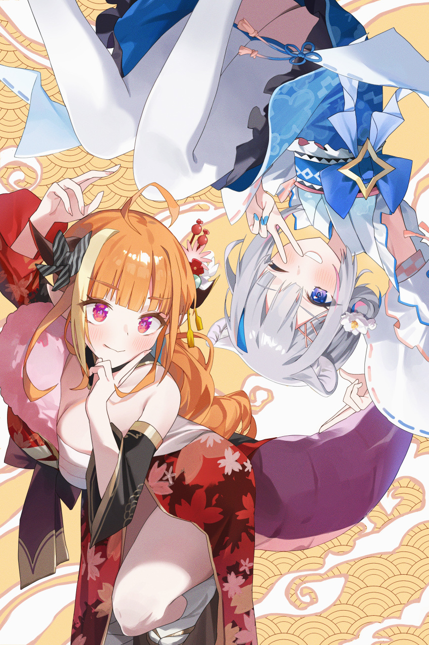 2girls absurdres ahoge amane_kanata animal_ears arm_up blue_eyes blue_kimono blue_nails breasts chest_sarashi closed_mouth dragon_tail english_commentary floral_print flower grey_hair hair_flower hair_ornament highres hololive japanese_clothes kimono kiryu_coco large_breasts long_hair looking_at_viewer multicolored_hair multiple_girls nel_dcm obi one_eye_closed orange_hair pink_eyes print_kimono red_kimono sarashi sash smile streaked_hair tail thighhighs upside-down v virtual_youtuber white_thighhighs