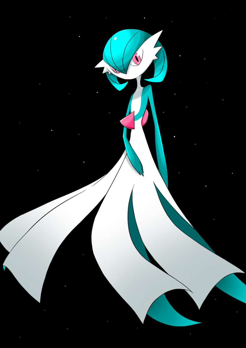1girl alternate_color arm_at_side bangs black_background blue_hair blue_skin bob_cut colored_skin commentary flat_chest full_body gardevoir hair_between_eyes highres looking_at_viewer multicolored_skin no_mouth pokemon pokemon_(creature) red_eyes rve shiny_pokemon short_hair simple_background solo standing two-tone_skin white_skin