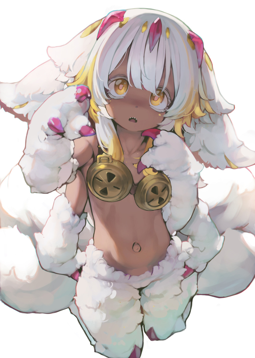 1girl ataruman claws commentary_request dark-skinned_female dark_skin extra_arms faputa fewer_digits full_body goggles_around_breasts hair_between_eyes highres jacket looking_at_viewer made_in_abyss monster_girl navel open_mouth pink_pupils sharp_teeth simple_background solo teeth white_background white_fur white_hair yellow_jacket