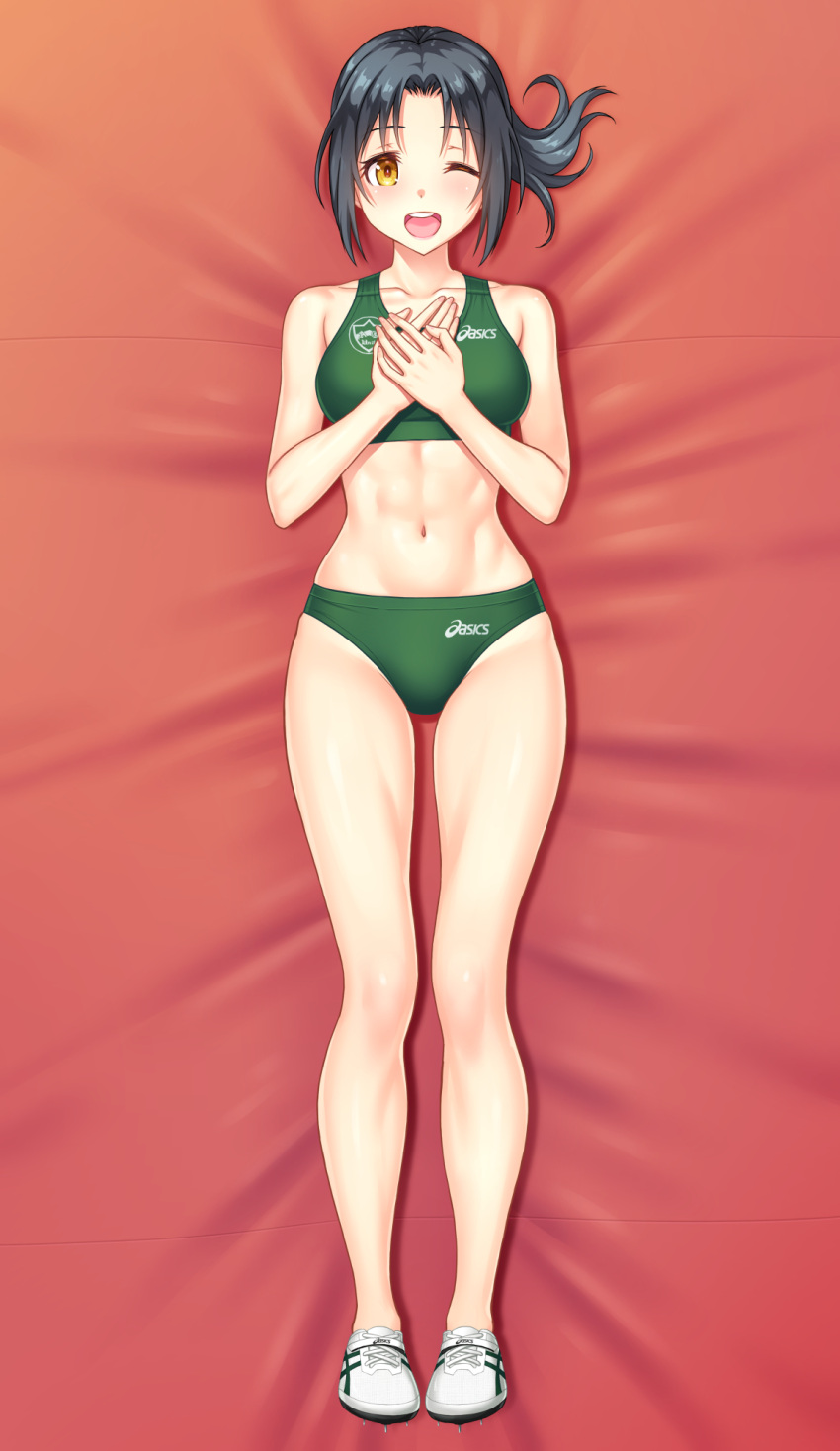 1girl abs asics buruma commentary_request commission from_above full_body green_buruma green_sports_bra hand_on_own_chest highres kuri_(kurigohan) looking_at_viewer lying midriff navel one_eye_closed open_mouth orange_eyes original pixiv_commission round_teeth shoes short_hair smile sneakers solo sports_bikini sports_bra teeth track_and_field upper_teeth_only white_footwear