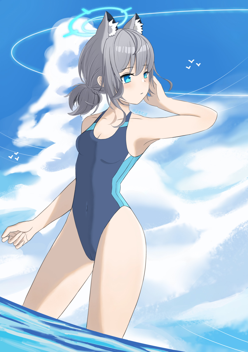 1girl absurdres animal_ear_fluff animal_ears baigui_yueyou black_one-piece_swimsuit blue_archive blue_eyes blue_sky breasts chinese_commentary cloud competition_swimsuit covered_navel cross_hair_ornament day extra_ears grey_hair hair_ornament halo highres looking_to_the_side low_ponytail medium_hair mismatched_pupils multicolored_clothes multicolored_swimsuit official_alternate_costume one-piece_swimsuit outdoors shiroko_(blue_archive) shiroko_(swimsuit)_(blue_archive) sky small_breasts solo standing swimsuit wading wolf_ears