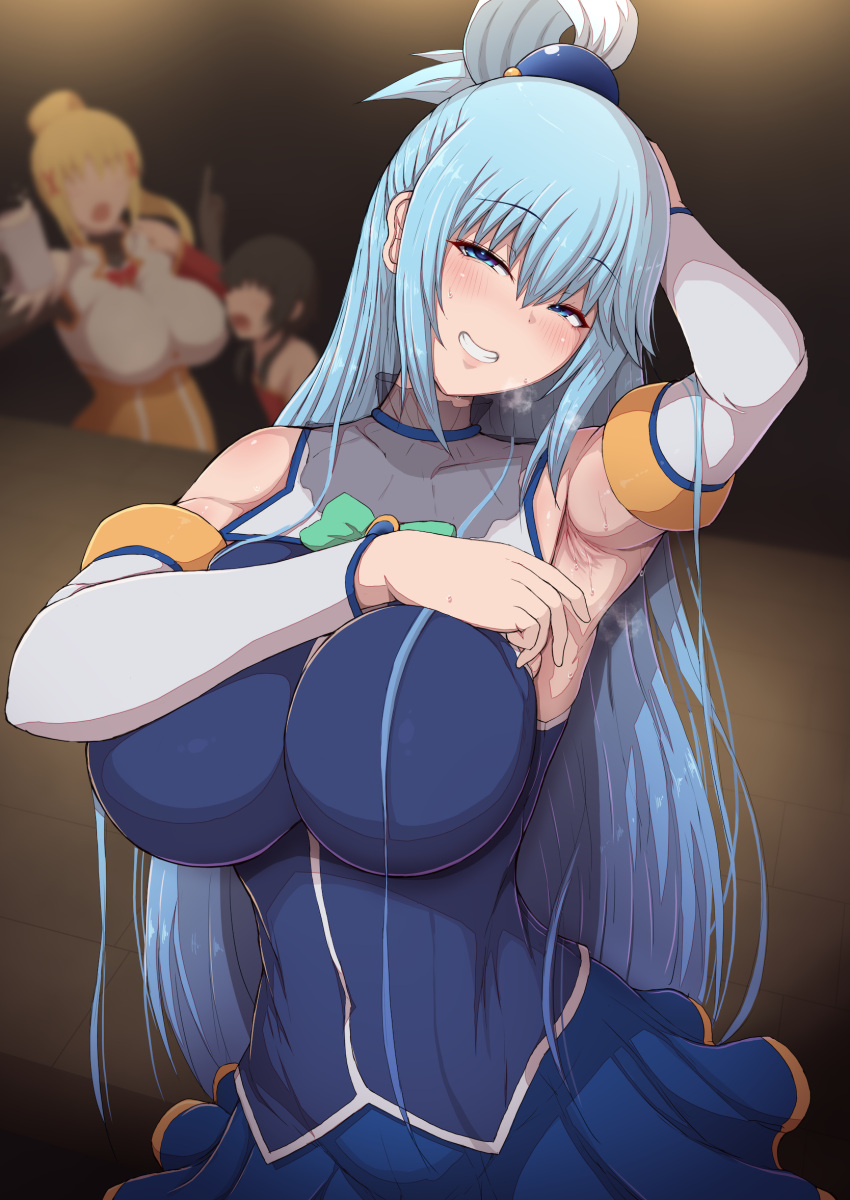 aqua_(konosuba) arm_up armpits bare_shoulders blue_dress blue_eyes blue_hair blush breasts darkness_(konosuba) dress hand_on_own_head highres kono_subarashii_sekai_ni_shukufuku_wo! large_breasts long_hair looking_at_viewer megumin miniskirt multiple_girls naughty_face ponponmaru presenting_armpit skirt steam sweat