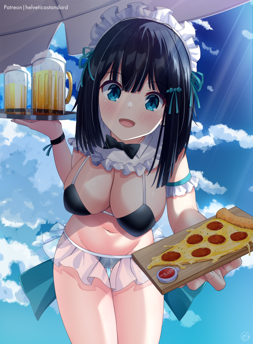 1girl alcohol artist_name beach_umbrella beer bikini blue_eyes blue_hair blue_ribbon blue_sky bow bowtie breasts cleavage commentary_request food hair_ribbon helvetica_std highres ichinose_sango_(helvetica_std) ketchup large_breasts maid maid_bikini maid_headdress medium_hair open_mouth original paid_reward_available painttool_sai_(medium) patreon_username pizza pizza_slice ribbon see-through see-through_skirt skirt sky smile swimsuit thighs tray umbrella unconventional_maid