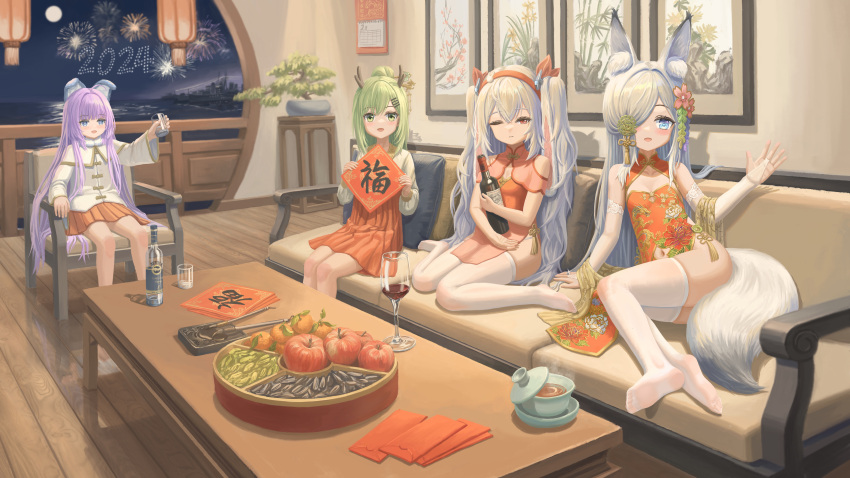 1134b-kata 2024 4girls absurdres aerial_fireworks an_shan_(azur_lane) animal_ears apple azur_lane bare_shoulders blue_eyes bottle calendar_(object) calligraphy_brush clothing_cutout commentary_request couch fake_animal_ears fireworks flower food fruit full_body green_eyes green_hair hair_flower hair_ornament hair_over_one_eye highres holding holding_bottle indoors kasumi_(azur_lane) laffey_(azur_lane) large_tail long_hair miniskirt multiple_girls on_couch one_eye_closed orange_skirt paintbrush pelvic_curtain picture_frame purple_hair red_eyes red_flower shoulder_cutout sitting skirt tail tashkent_(azur_lane) thighhighs twintails very_long_hair white_hair white_tail white_thighhighs wine_bottle wooden_floor