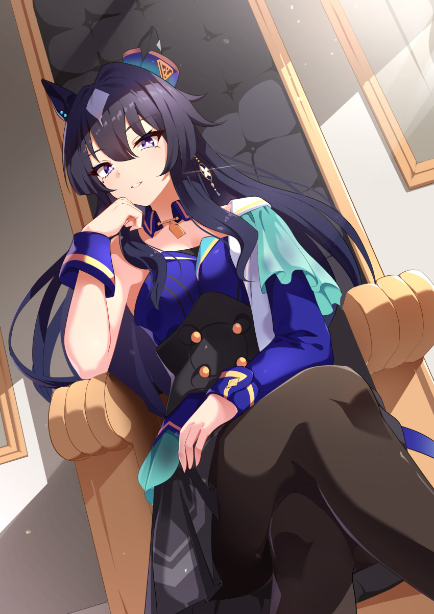 absurdres animal_ears armpits blue_hair dark_blue_hair detached_sleeves earrings hair_between_eyes hair_ornament hand_on_own_chin hat highres horse_ears horse_girl jewelry long_hair looking_at_viewer purple_eyes sitting sleeveless smile sunny_(20597521) throne umamusume verxina_(umamusume)