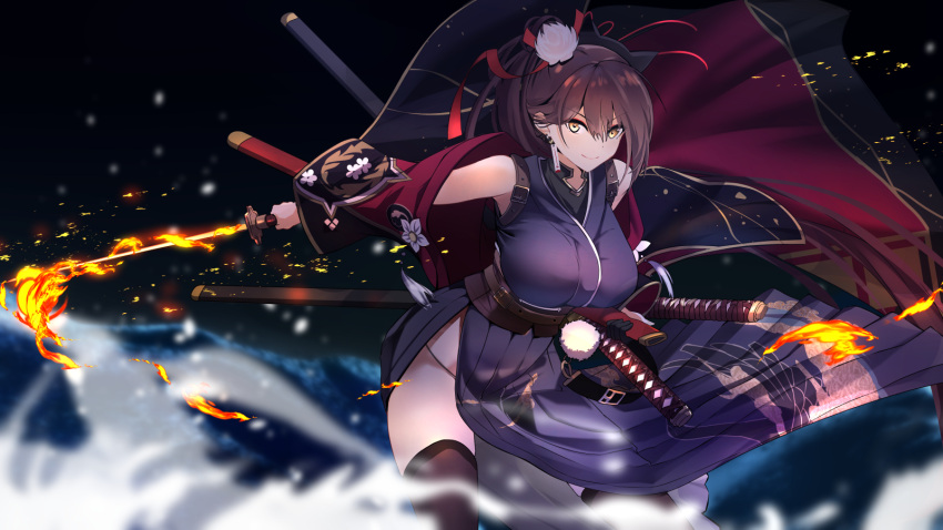 1girl azur_lane black_kimono breasts brown_hair brown_thighhighs flaming_sword flaming_weapon highres holding holding_sword holding_weapon ishida_katsuzane japanese_clothes kimono large_breasts long_hair looking_at_viewer multiple_swords official_alternate_costume panties sheath sheathed shoulder_strap side_slit sleeveless solo string_panties sword thighhighs underwear unsheathed very_long_hair weapon yellow_eyes zuikaku_(azur_lane) zuikaku_(ceremonial_crane)_(azur_lane)