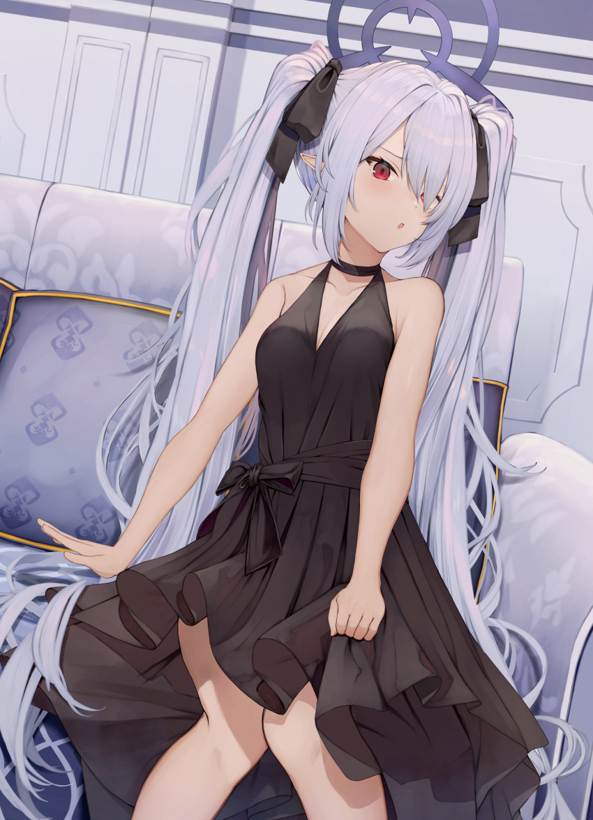 1girl alternate_costume black_dress blue_archive blush breasts cleavage collarbone dark-skinned_female dark_skin dress feet_out_of_frame grey_hair hair_over_one_eye halo highres indoors iori_(blue_archive) long_hair open_mouth piisu pointy_ears purple_halo red_eyes small_breasts solo twintails very_long_hair