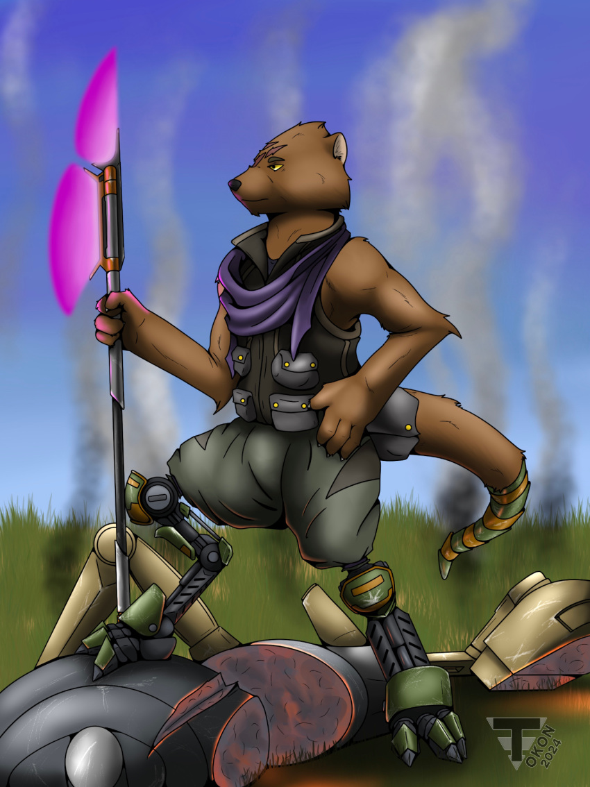 4_fingers anthro arthnos clothed clothing cybernetic_limb digital_media_(artwork) fingers hi_res holding_object holding_weapon lightsaber lightsaber_polearm male mammal melee_weapon mustelid otter prosthetic prosthetic_leg prosthetic_limb prosthetic_tail scar selonian simple_background solo star_wars tail tokon_(artist) unusual_anatomy weapon