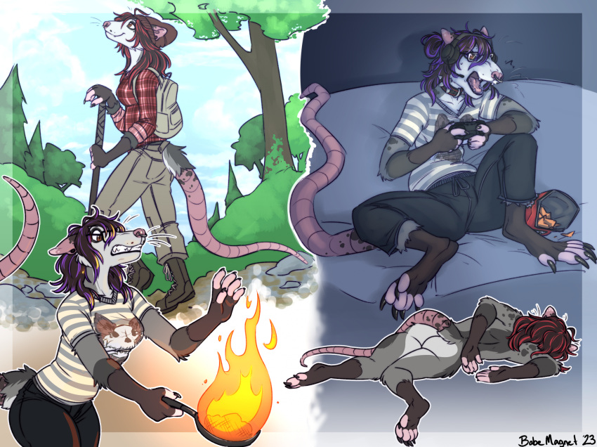 american_opossum angry anthro babemagnet backpack beanie clenched_teeth clothed clothing controller cooking cookware digitigrade feet fire food frying_pan furniture game_controller gaming hat headgear headwear hi_res hindpaw kitchen_utensils lying mammal marsupial on_side open_mouth paws playing_videogame prehensile_feet rowan_(garal) sharp_teeth sitting sofa surprised_expression tail tapering_tail teeth toes tools walking