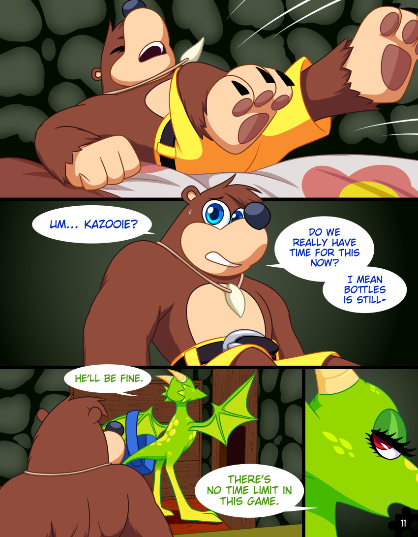 3_toes absurd_res anthro backpack banjo-kazooie banjo_(banjo-kazooie) barefoot bear breaking_the_fourth_wall brown_bear clothed clothing comic dialogue dragon dragon_kazooie duo feet female feral hi_res kazooie male mammal pants_only rareware shirtless_male skelly_doll speech_bubble toes topless topless_anthro topless_male ursine