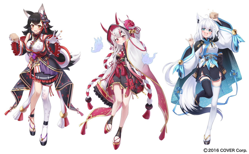 3girls ahoge animal_ear_fluff animal_ears asymmetrical_legwear beans bell black_hair black_kimono blush braid breasts cape ehoumaki food fox_ears fox_girl fox_shadow_puppet fox_tail full_body gradient_hair hair_bell hair_between_eyes hair_ornament highres hololive horns japanese_clothes jingle_bell karma_(nakiri_ayame) kimono kouhaku_nawa long_hair looking_at_viewer makizushi mamemaki mask mask_on_head mismatched_legwear morros multicolored_hair multiple_girls nakiri_ayame oni oni_mask ookami_mio open_mouth pentagram red_eyes red_hair rope setsubun shimenawa shirakami_fubuki shiranui_(nakiri_ayame) side_braid simple_background single_braid single_thighhigh skin-covered_horns smile soybean streaked_hair sushi tail tail_around_own_leg tail_wrap thighhighs virtual_youtuber white_hair wide_sleeves wolf_ears wolf_girl wolf_mask wolf_tail