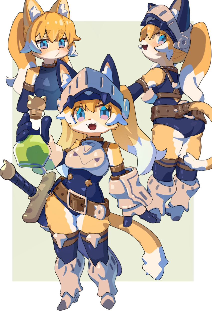 1girl :d animal_ears armor ass bare_shoulders belt blue_eyes blue_gloves blue_thighhighs breastplate breasts elbow_gloves fangs fox_ears fox_girl fox_tail furry furry_female gauntlets gloves greaves greentanuki helmet highres leotard long_hair multiple_views original potion sheath sheathed smile sword tail thighhighs twintails weapon