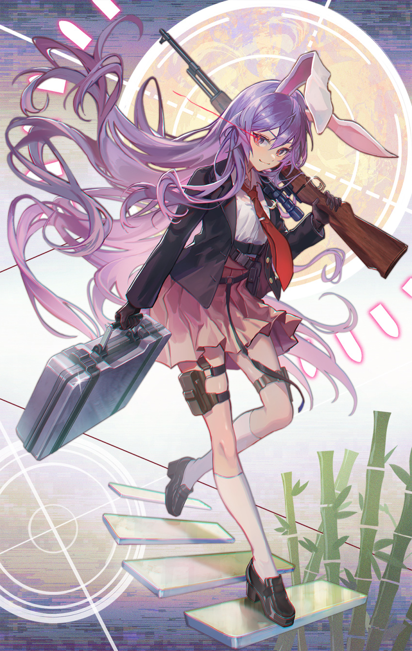 1girl animal_ears bag bamboo bangs belt black_belt black_footwear black_gloves black_jacket blue_background breasts brown_bag brown_belt closed_mouth collared_jacket collared_shirt full_moon gloves gradient gradient_background grey_bag gun hair_between_eyes hand_up highres holding holding_weapon jacket kyusoukyu leaf leg_up long_hair long_sleeves looking_at_viewer medium_breasts miniskirt moon multicolored_background multicolored_eyes necktie open_clothes open_jacket pink_skirt purple_background purple_eyes purple_hair rabbit_ears red_eyes red_necktie reisen_udongein_inaba shirt shoes skirt smile socks solo sparkle stairs standing standing_on_one_leg touhou weapon white_shirt white_socks yellow_background