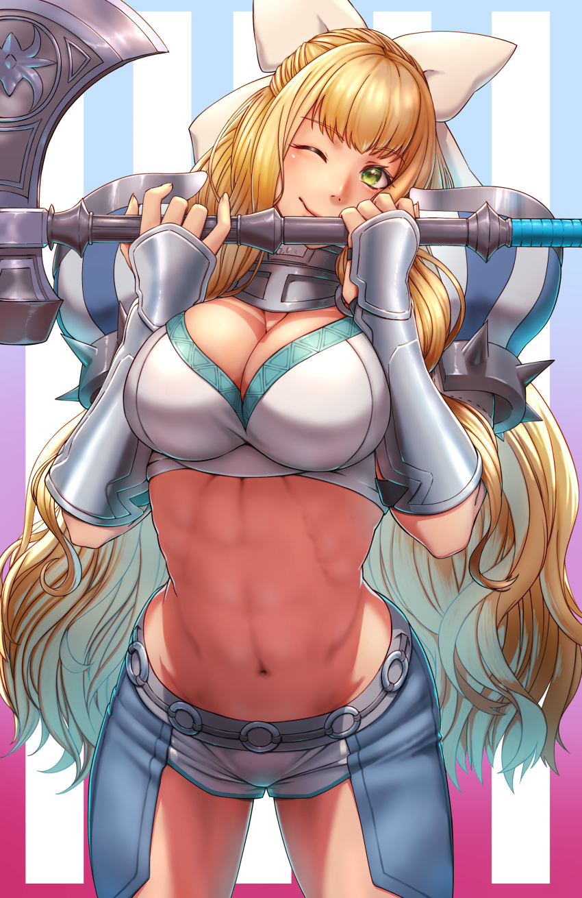 1girl absurdres aduti_momoyama axe bangs blonde_hair bow breasts chaps charlotte_(fire_emblem) cleavage commentary cowboy_shot crop_top fire_emblem fire_emblem_fates green_eyes hair_bow hands_up highres holding holding_axe holding_weapon large_breasts long_hair looking_at_viewer midriff navel shirt smile solo standing stomach thighs vambraces very_long_hair weapon white_bow white_shirt