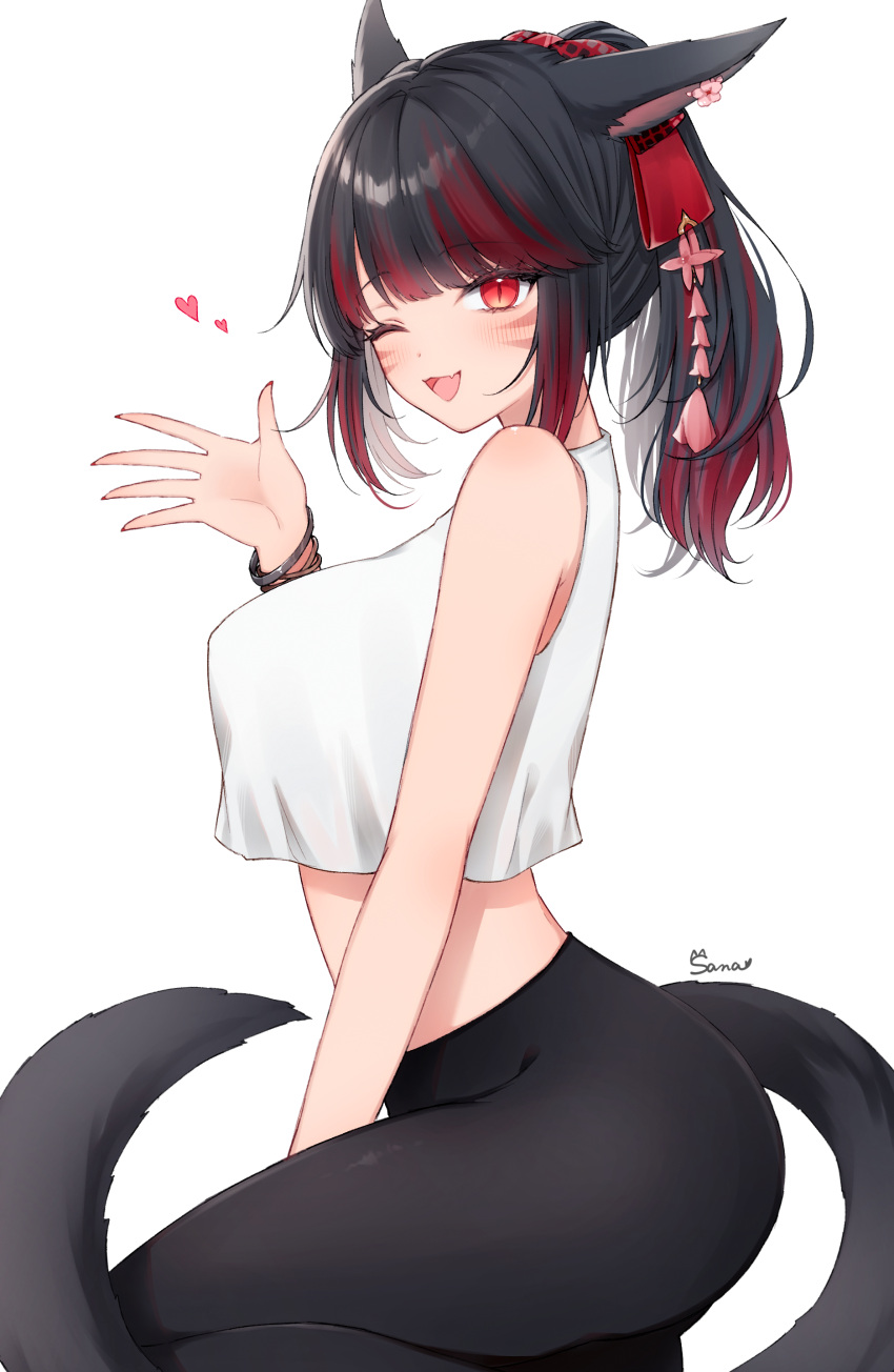 1girl ;d absurdres animal_ears bare_shoulders black_hair black_pants blush breasts cat_ears cat_girl cat_tail crop_top crop_top_overhang facial_mark fang final_fantasy final_fantasy_xiv from_side hair_ornament hand_up heart high_ponytail highres large_breasts looking_at_viewer miqo'te multicolored_hair one_eye_closed pants red_eyes red_hair sana_(sanamaru_0w0) signature simple_background skin_fang smile solo streaked_hair tail warrior_of_light_(ff14) whisker_markings white_background yoga_pants