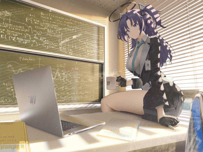 1girl absurdres aqua_necktie arm_support bare_legs black_gloves black_jacket black_skirt blazer blue_archive blue_eyes breasts chalkboard computer desk gloves halo highres id_card indoors jacket laptop long_hair looking_at_object math medium_breasts necktie on_desk purple_hair shirt sitting skirt solo steam susukawa_(susucawa) two_side_up very_long_hair white_shirt window_blinds yuuka_(blue_archive)