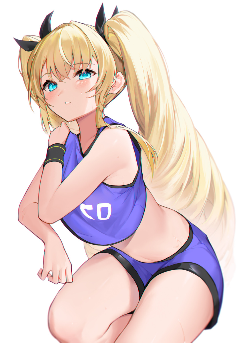 1girl absurdres bare_arms bare_shoulders black_ribbon blonde_hair blue_eyes blue_shorts blush crop_top hair_ribbon highres long_hair looking_at_viewer original parted_lips ribbon shorts simple_background sitting sleeveless solo sweatband twintails very_long_hair white_background wo_chi_xiangjiao_pi