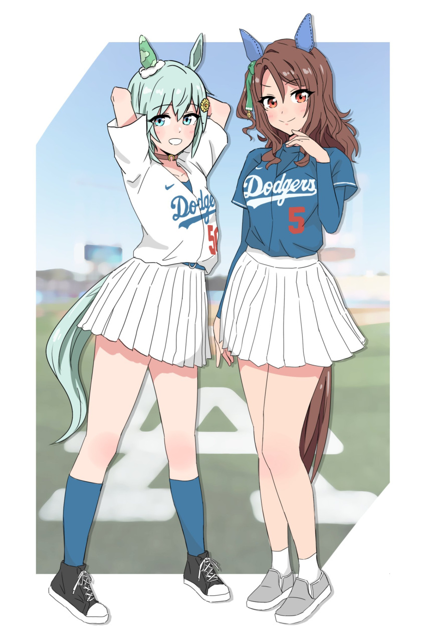 2girls absurdres animal_ears aqua_eyes baseball_field black_footwear blue_shirt blue_socks blush border bow breasts brown_hair closed_mouth commentary_request ear_bow ear_covers green_bow grey_footwear grey_hair grin hair_ornament hairclip highres horse_ears horse_girl king_halo_(umamusume) layered_sleeves long_hair long_sleeves los_angeles_dodgers medium_breasts mini_pekoe multiple_girls nike_(company) pleated_skirt seiun_sky_(umamusume) shirt shoes short_hair short_over_long_sleeves short_sleeves single_ear_cover skirt smile sneakers socks umamusume white_skirt