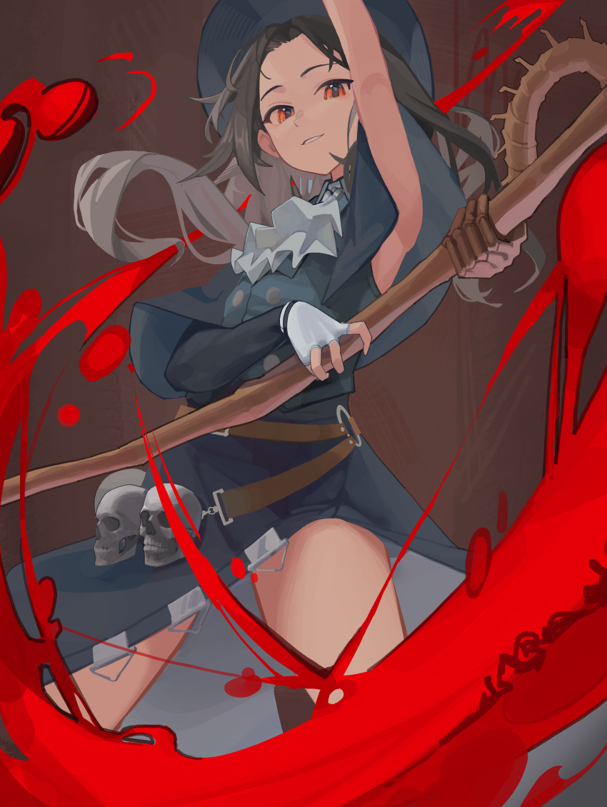 absurdres asymmetrical_sleeves belt black_hair blood ddul_(hauluimubingoj1) fingerless_gloves gloves guilty_gear guilty_gear_strive highres long_hair looking_at_viewer red_eyes scythe skirt skull testament_(guilty_gear)