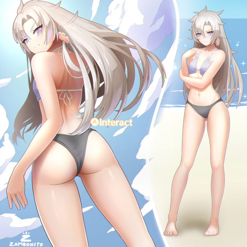 1girl a_(xenoblade) absurdres angry ass back bikini earrings highres jewelry long_hair navel ocean smile solo swimsuit white_hair xenoblade_chronicles_(series) xenoblade_chronicles_3 xenoblade_chronicles_3:_future_redeemed zambonito