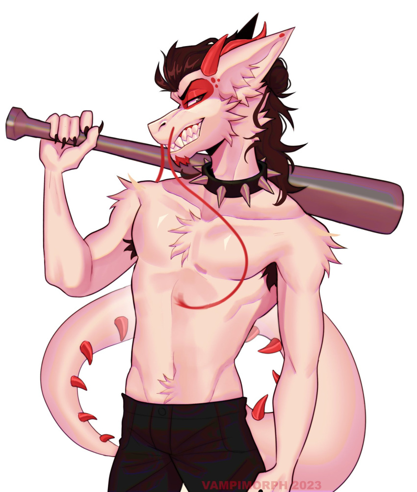 2_horns 5_fingers anthro biped black_armpit_hair black_claws claws collar dragon eastern_dragon fingers fur furred_dragon hi_res holding_bat horn looking_at_viewer male red_facial_markings shirtless_anthro shirtless_male slim_anthro slim_male smile solo spiked_collar spikes vampimorph white_body white_fur