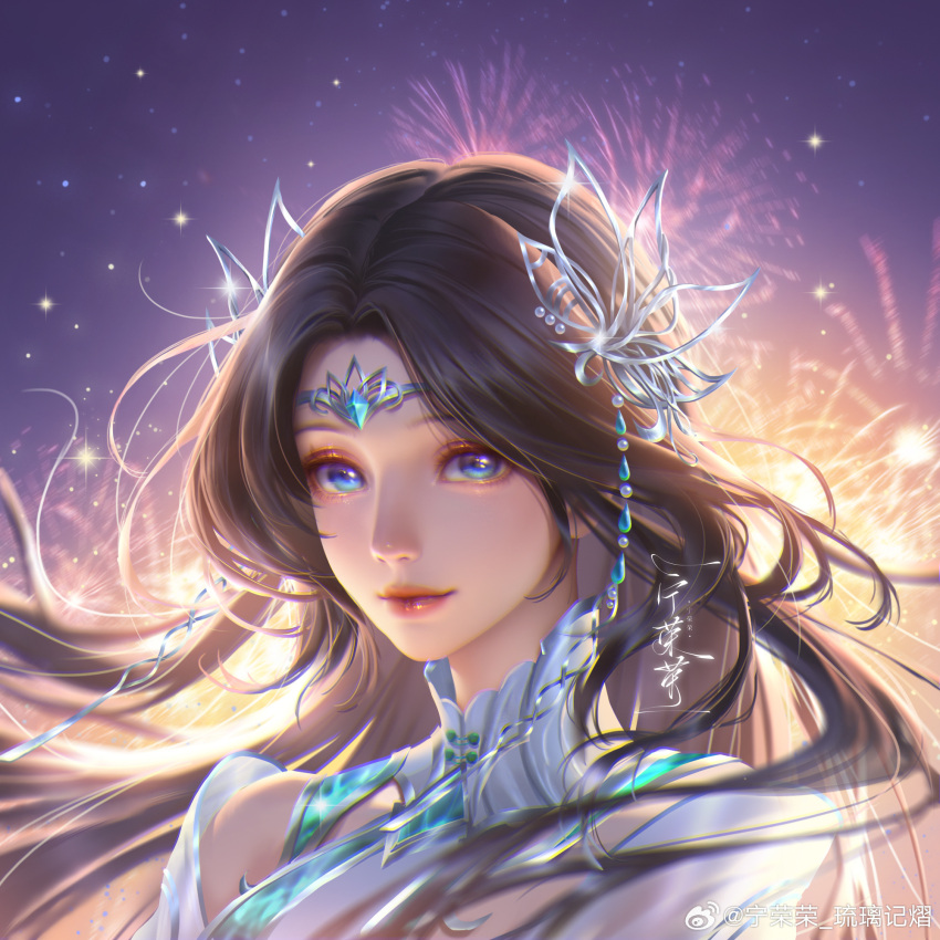 1girl artist_request bare_shoulders black_hair blue_dress brown_hair butterfly_hair_ornament closed_mouth clothing_cutout douluo_dalu dress fireworks floating_hair hair_ornament highres long_hair night ning_rongrong_(douluo_dalu) ornament second-party_source smile solo star_(sky) upper_body