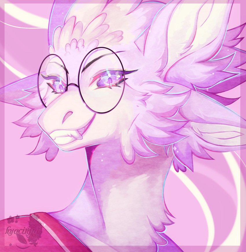 ambiguous_gender anthro asian_clothing avali avian clothing east_asian_clothing eyewear fangs feathers glasses headshot_portrait hi_res hyacinfia japanese_clothing kerolink kimono male pink_body portrait pretty_eyes purple_eyes smile solo teeth