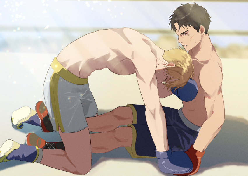 2boys ao_isami black_hair blonde_hair boxing_gloves facial_hair highres kneeling lewis_smith looking_at_another male_focus multiple_boys sako_(oyatutabero) shorts sideburns_stubble stubble sunlight sweat thick_eyebrows toned toned_male topless_male white_shorts wrestling_outfit yuuki_bakuhatsu_bang_bravern