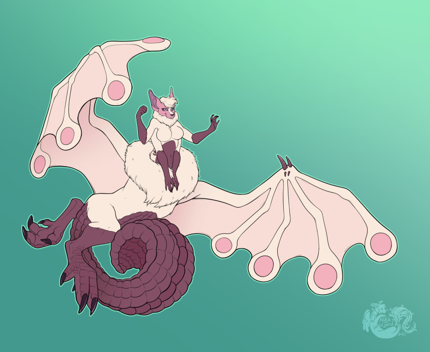 4_arms 4_toes bat_wings big_feet breasts brown_body capcom claws digital_media_(artwork) feet female fingers flying_wyvern fur hair hi_res lumaya_(lumaya) mammal membrane_(anatomy) membranous_wings monster_hunter multi_arm multi_limb neck_tuft nika_vizard nude paolumu pink_body pink_fur simple_background smile solo tail taur toes tuft white_body white_fur wings zygodactyl