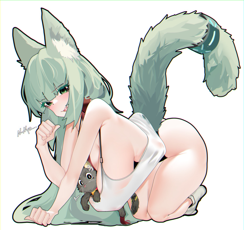 1girl absurdres all_fours alternate_costume animal_ear_fluff animal_ears arknights breasts cat cat_ears cat_girl cat_tail fang full_body green_eyes green_hair hanging_breasts harmonie_(arknights) highres large_breasts naxius_noxy oversized_clothes oversized_shirt paw_pose shirt skin_fang sleeveless sleeveless_shirt tail tail_ornament tail_ring white_background white_shirt