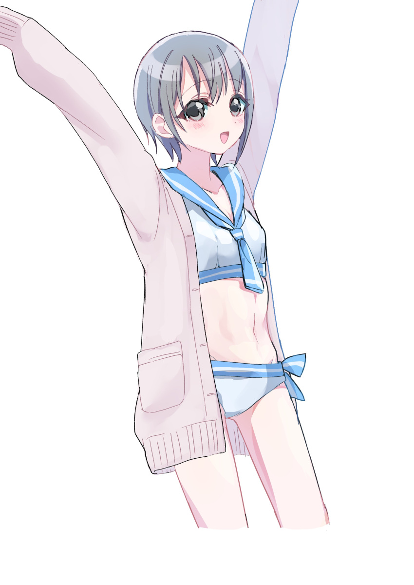 1girl absurdres alternate_costume arms_up blush breasts cardigan collarbone cropped_legs grey_cardigan grey_hair highres idolmaster idolmaster_cinderella_girls kanipoposu navel otokura_yuuki sailor_bikini sailor_collar sailor_swimsuit_(idolmaster) short_hair simple_background small_breasts smile solo stomach white_background