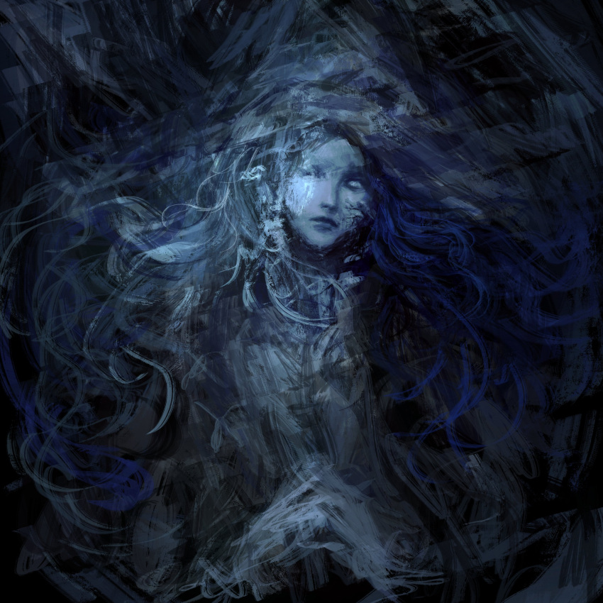 1girl absurdres all_lee24 blue_eyes blue_hair blue_skin cape cloak colored_skin cracked_skin dress elden_ring extra_arms extra_faces fur_cape fur_cloak hat highres large_hat long_hair looking_at_viewer one_eye_closed ranni_the_witch solo witch witch_hat