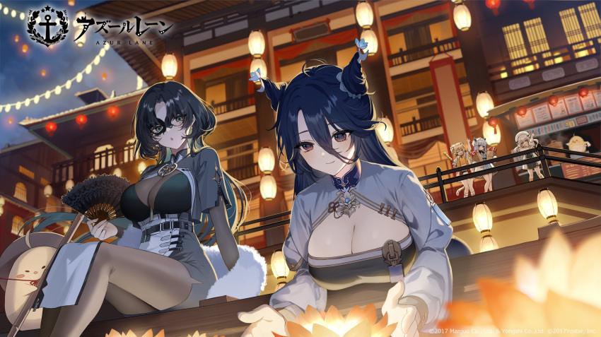 5girls aqua_eyes aqua_hair azur_lane black_hair black_mask blue_hair bodysuit breasts chestnut_mouth chi_an_(azur_lane) chinese_clothes cleavage closed_mouth cone_hair_bun dark_blue_hair fei_yuen_(azur_lane) hair_between_eyes hair_bun hand_fan highres holding holding_fan hu_pen_(azur_lane) huan_ch'ang_(azur_lane) kuga_huna large_breasts long_hair long_sleeves looking_at_another looking_down lung_wu_(azur_lane) manjuu_(azur_lane) mole mole_under_eye multicolored_hair multiple_girls night official_art outdoors parted_lips shorts sitting smile two-tone_hair