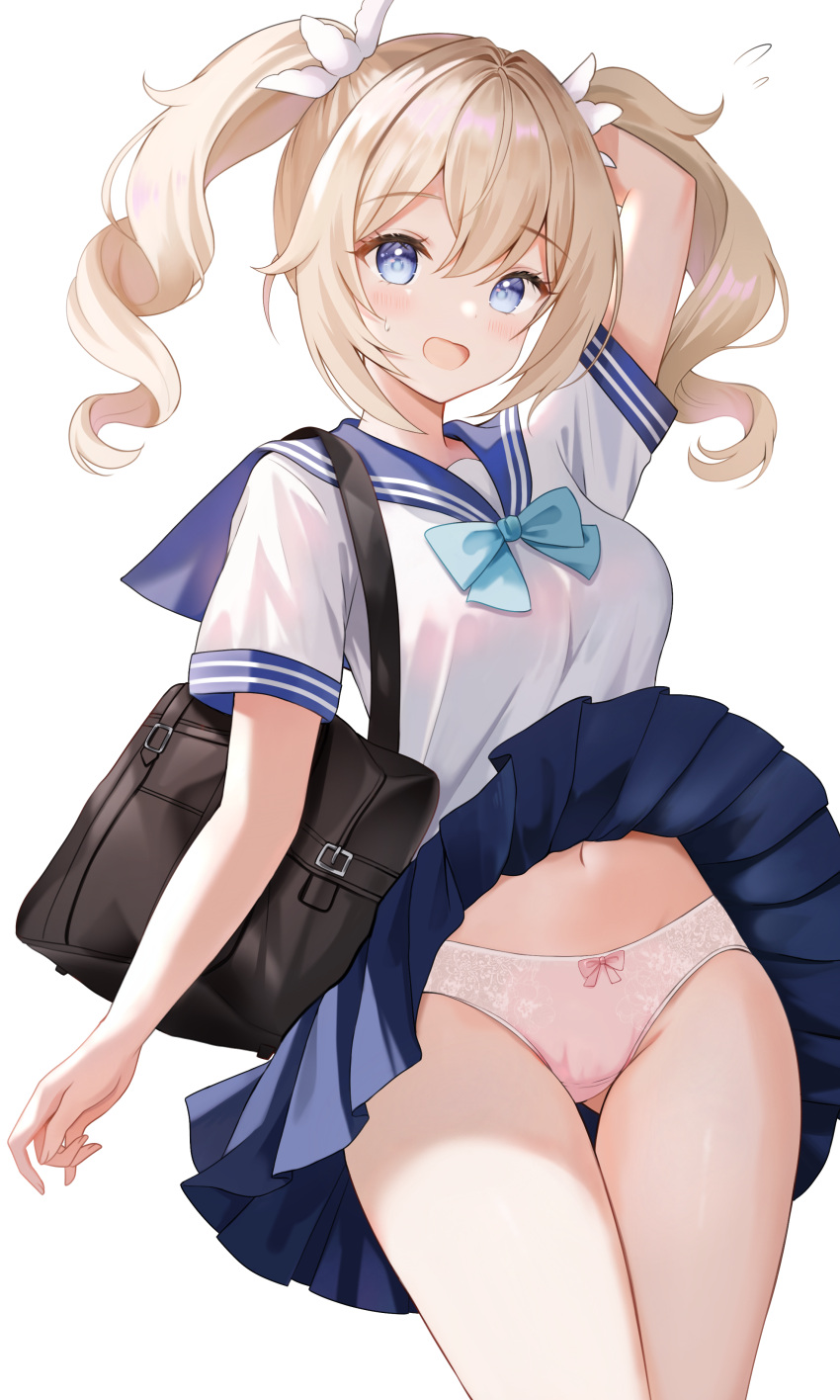 1girl absurdres ass_visible_through_thighs bag barbara_(genshin_impact) blonde_hair blue_eyes blue_skirt blush bow bow_panties breasts clothes_lift drill_hair flying_sweatdrops genshin_impact highres long_hair looking_at_viewer medium_breasts nasii navel open_mouth panties pink_panties school_bag school_uniform skirt skirt_lift smile solo sweatdrop thigh_gap thighs twin_drills twintails underwear white_background wind wind_lift