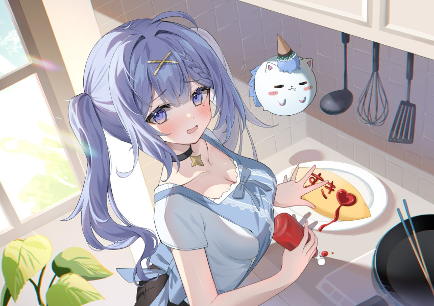 1girl apron back_bow black_choker black_skirt blue_apron blue_shirt blush bottle bow braid breasts choker chopsticks cleavage collarbone etesumsom food frying_pan grey_hair hair_ornament heart highres holding holding_bottle indie_virtual_youtuber ketchup ketchup_bottle ladle mole mole_under_eye motion_lines omelet omurice open_mouth plant plate purple_eyes second-party_source shirt skirt spatula star_(symbol) star_choker tile_wall tiles twintails virtual_youtuber whisk window x_hair_ornament yunico_(vtuber)