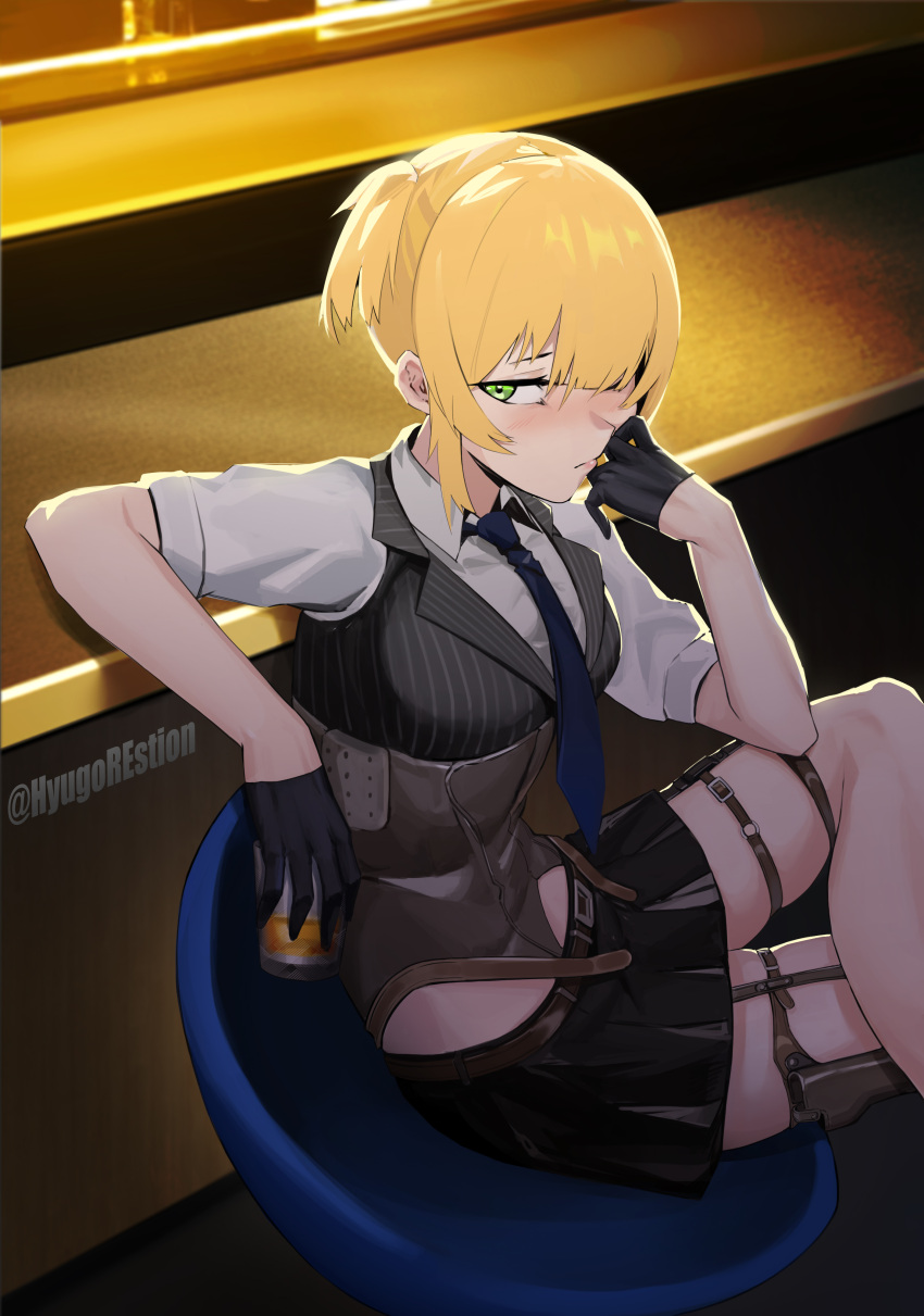 1girl absurdres artist_name black_gloves black_skirt blonde_hair blue_necktie blush collared_shirt corset crossed_legs cup girls'_frontline gloves green_eyes half_gloves hand_on_own_cheek hand_on_own_face highres holding holding_cup holster hyugorestion necktie pinstripe_pattern pinstripe_vest shirt short_hair sitting skirt solo thigh_holster vest welrod_mkii_(girls'_frontline) white_shirt