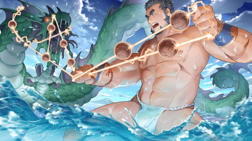 1boy abs bara black_hair bulge chiguo_(gyee) cloud day facial_hair fundoshi gyee highres holding holding_weapon hydra japanese_clothes large_pectorals long_sideburns male_focus monster muscular muscular_male navel nipples official_art open_mouth outdoors pectorals scar scar_on_chest short_hair sideburns sky water weapon wristband