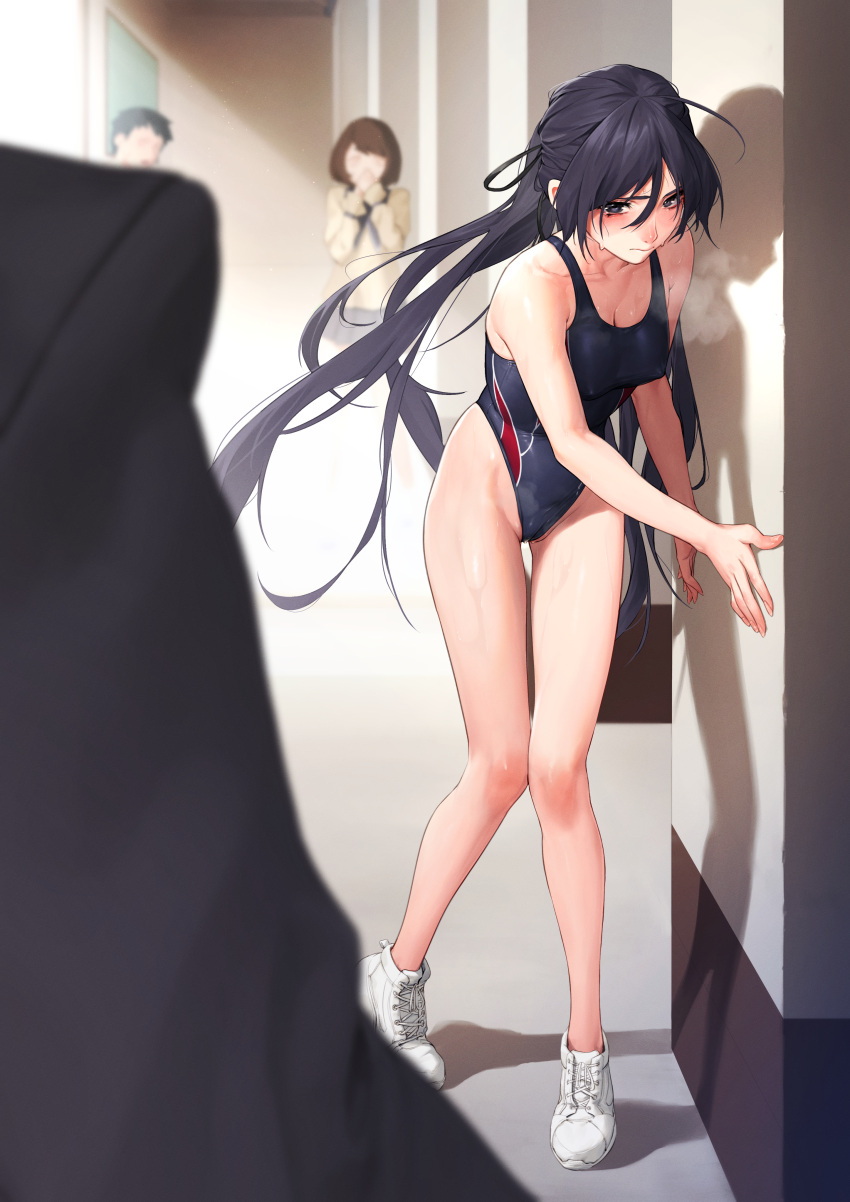 absurdres bare_legs beeeeen black_hair blurry blurry_background breasts breath cameltoe cleavage collarbone commission competition_swimsuit covered_nipples exhibitionism faceless faceless_female faceless_male groin hallway highleg highleg_swimsuit highres long_hair looking_at_another medium_breasts memories_off_2nd one-piece_swimsuit pixiv_commission ponytail public_indecency shoes sneakers solo_focus suzuna_takano sweat swimsuit very_long_hair